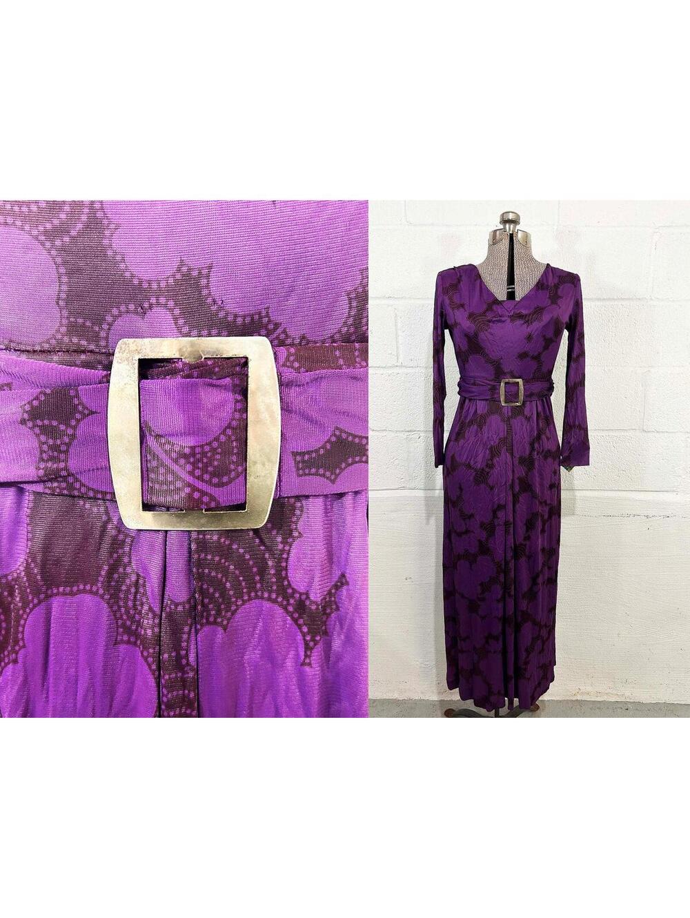 Purple Mod Dress by Cobina Boutique Belted Psychedelic Gown 1960s Small